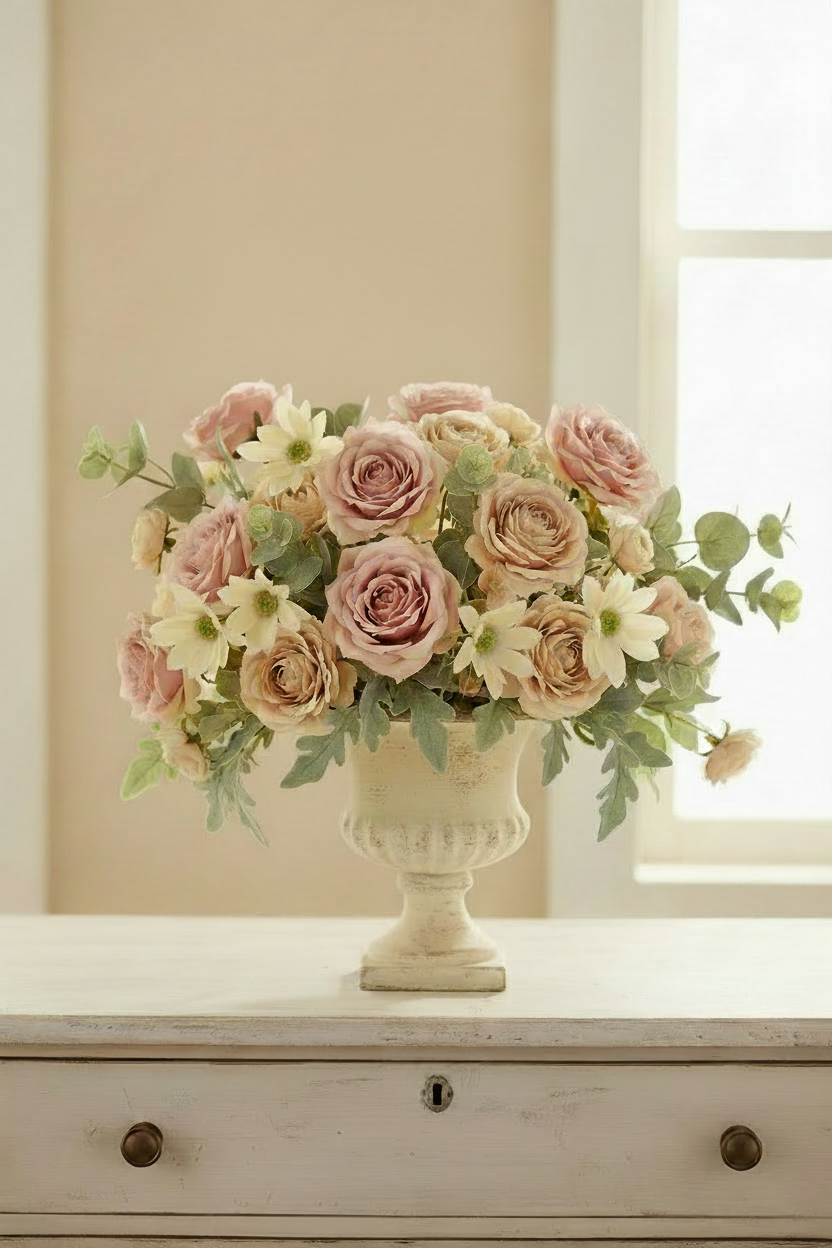 Concept A – Low Wide Dome – Cream Daisy + Blush Roses + Champagne Ranunculus + Antique White Urn