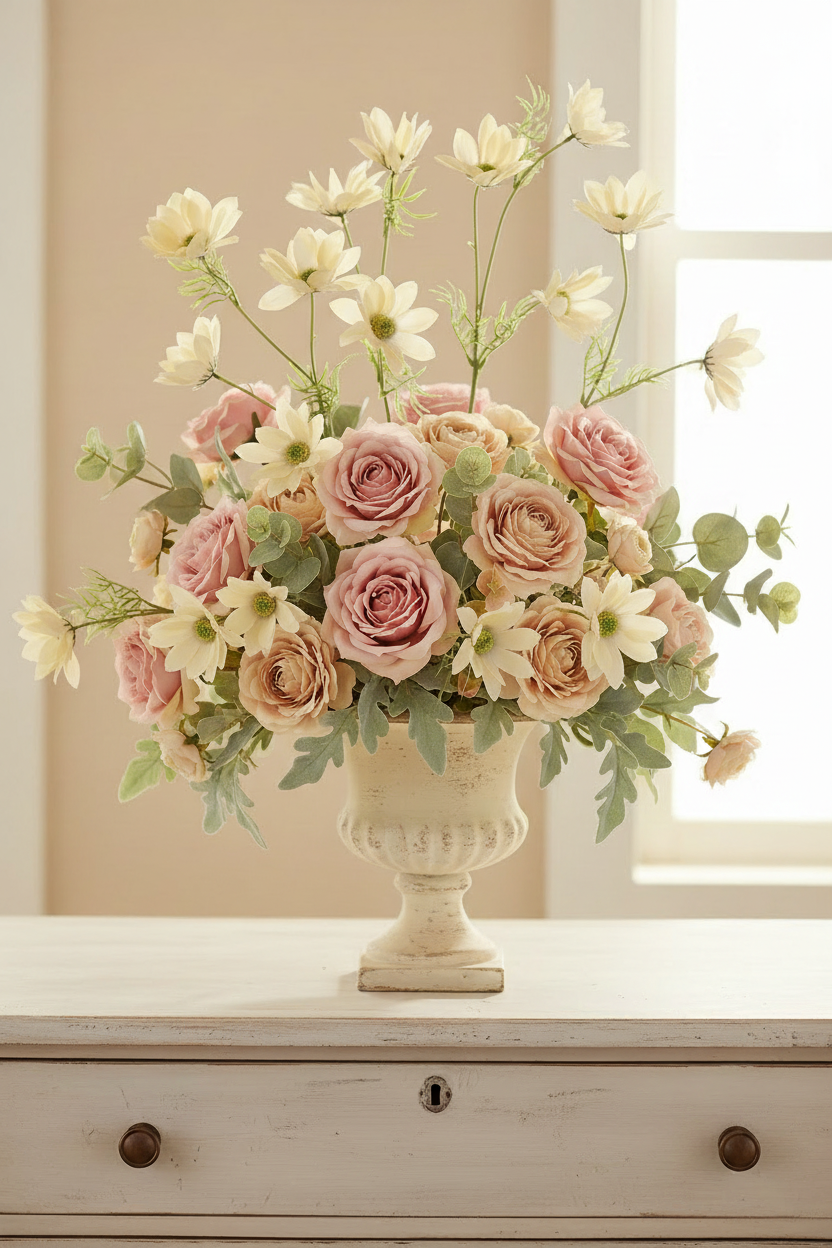 Concept A Revised – Cream Daisies Embedded in Arrangement – Blush Roses + Champagne Ranunculus + Antique White Urn