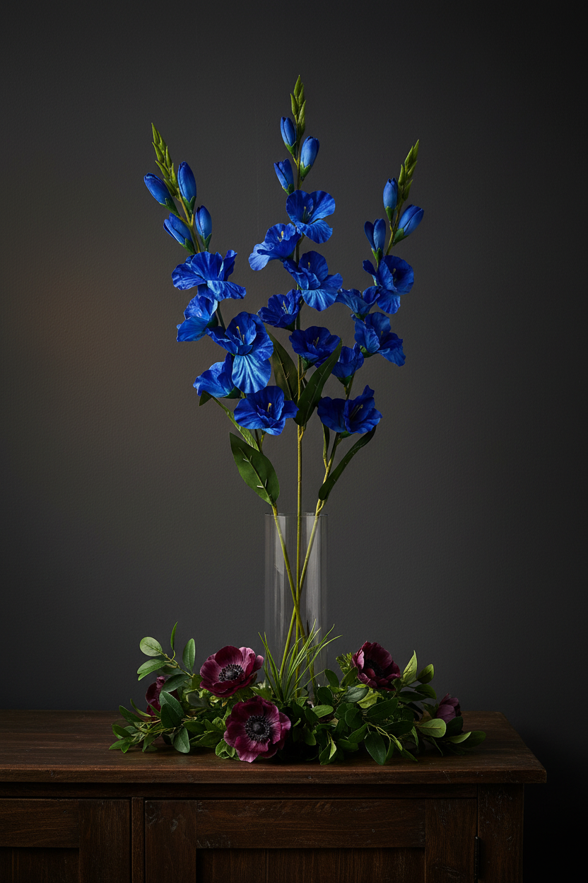 Concept A – Royal Blue Gladiolus – Dramatic Tall Moody – Dark Walnut + Clear Glass Cylinder
