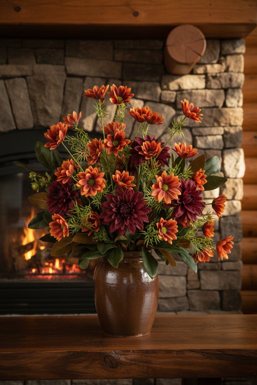 Concept B – Log Cabin Mantel – Rust Daisy + Wine Dahlias + Dark Stoneware