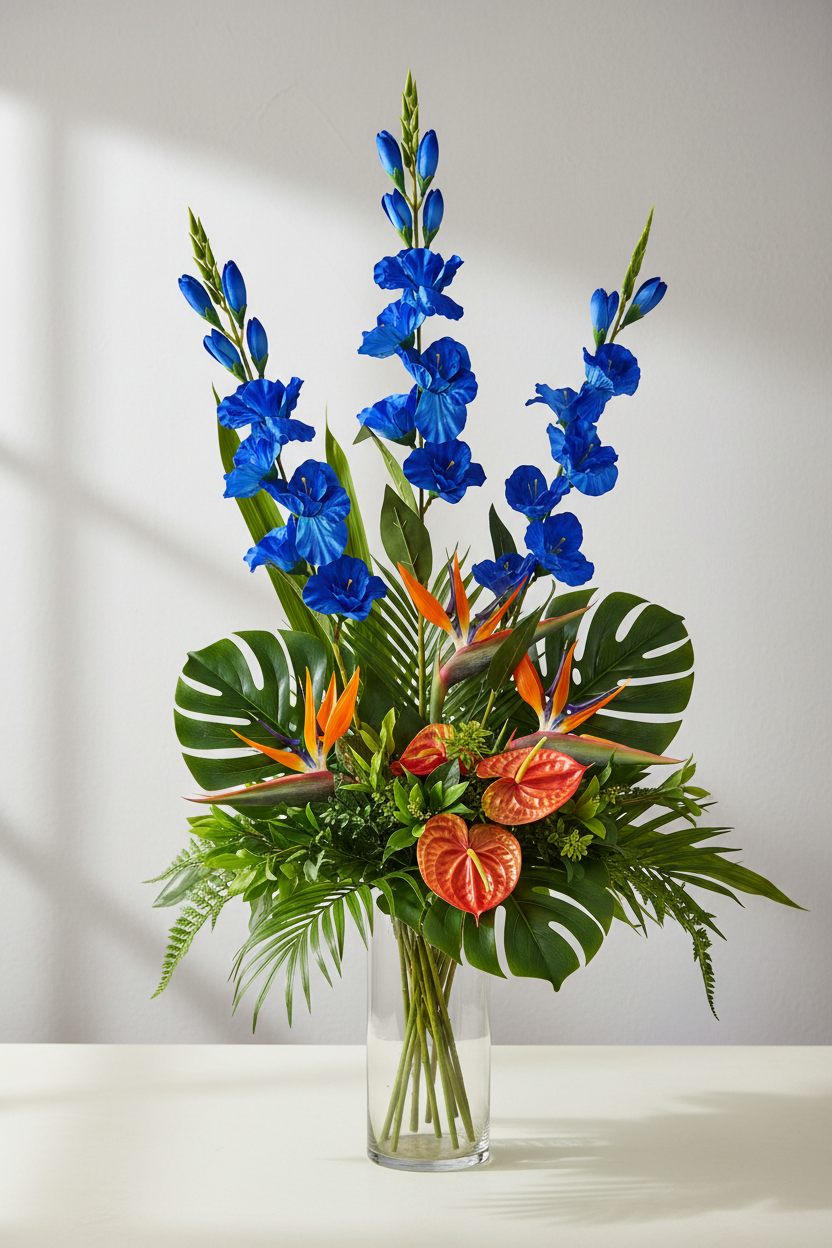 Concept B – Royal Blue Gladiolus + Orange Bird of Paradise + Mango Anthurium + Tropical Foliage + Clear Glass