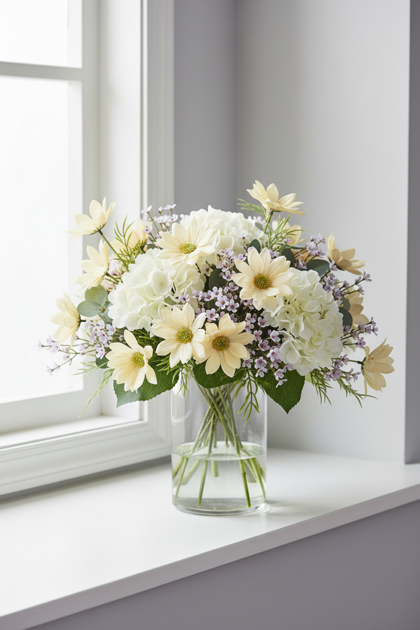 Concept B – Spring Airy – Cream Daisy + White Hydrangea + Pale Lavender Waxflower + Clear Glass Vase