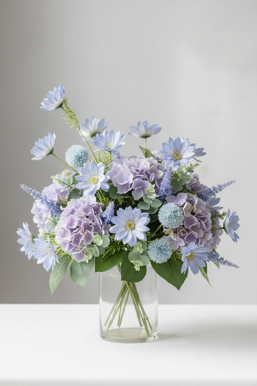 Concept B – Tonal Blue Summer – Periwinkle Daisy + Lavender Hydrangea + Powder Blue Scabiosa + Clear Glass Vase