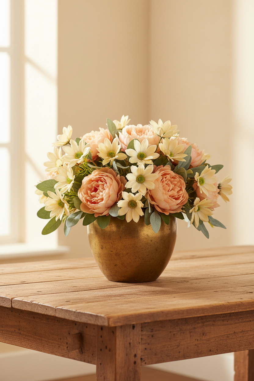 Concept C – French Country – Cream Daisy + Soft Peach Peonies + Eucalyptus + Aged Brass Urn