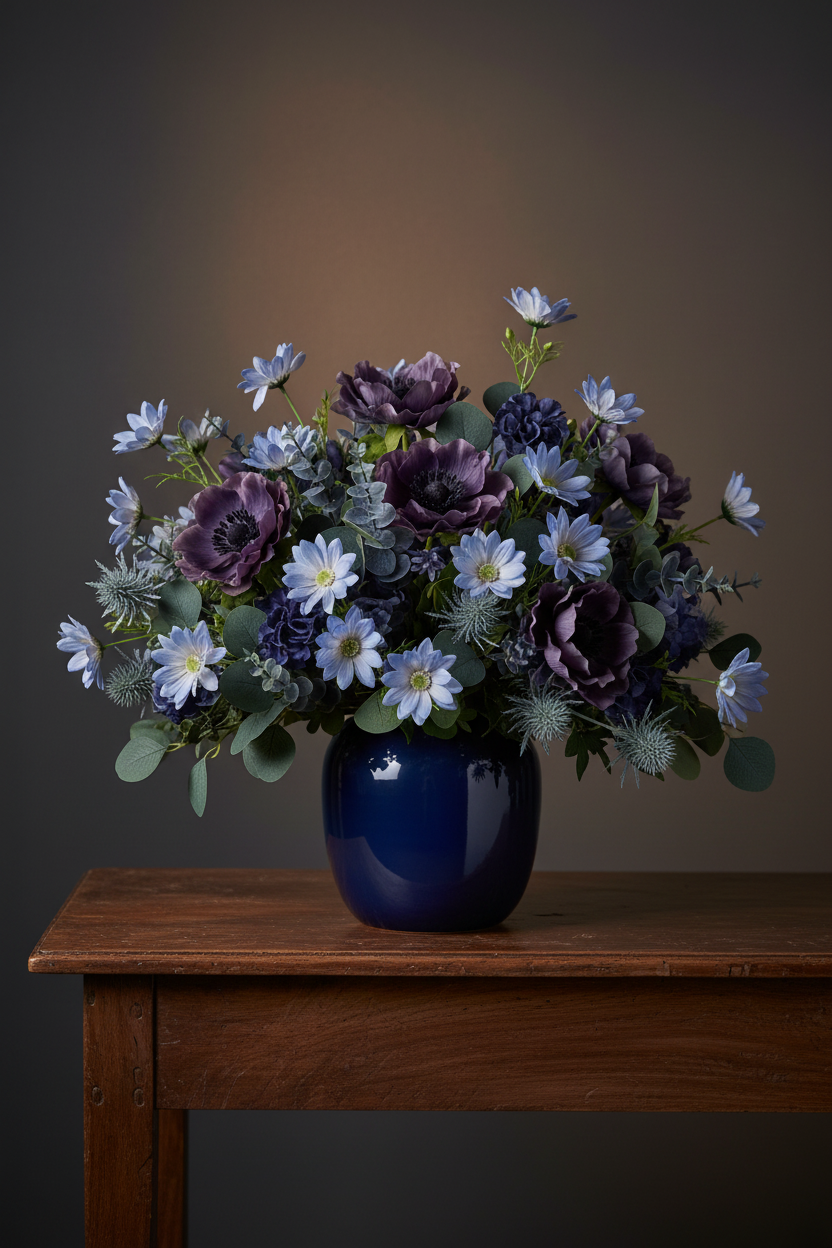 Concept C – Tonal Fall Blue – Periwinkle Daisy + Deep Purple Anemones + Indigo Lisianthus + Dusty Thistle + Dark Navy Vase