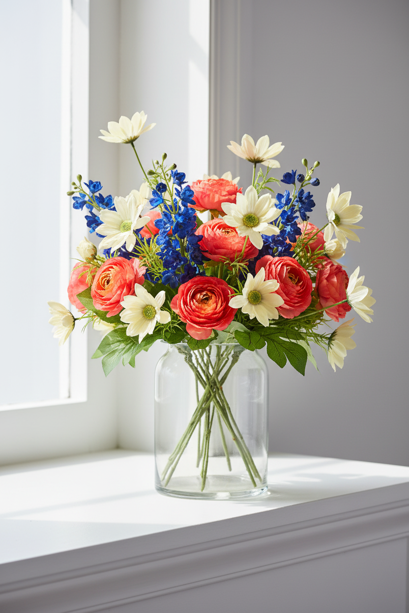 Concept D – Bold Summer – Cream Daisy + Bright Coral Orange Ranunculus + Cobalt Blue Delphinium + Clear Glass Vase
