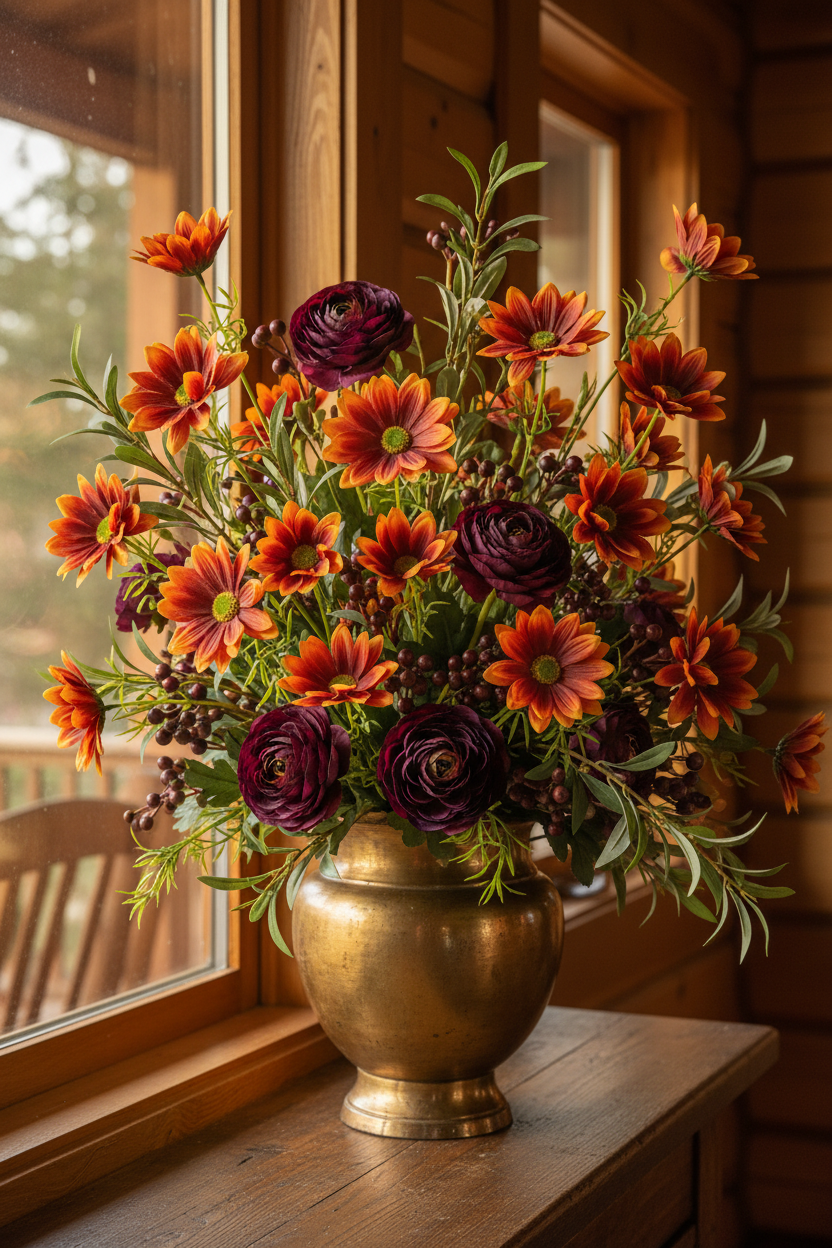 Concept D – Log Cabin Windowsill – Rust Daisy + Deep Plum Ranunculus + Dark Berries + Aged Brass Urn