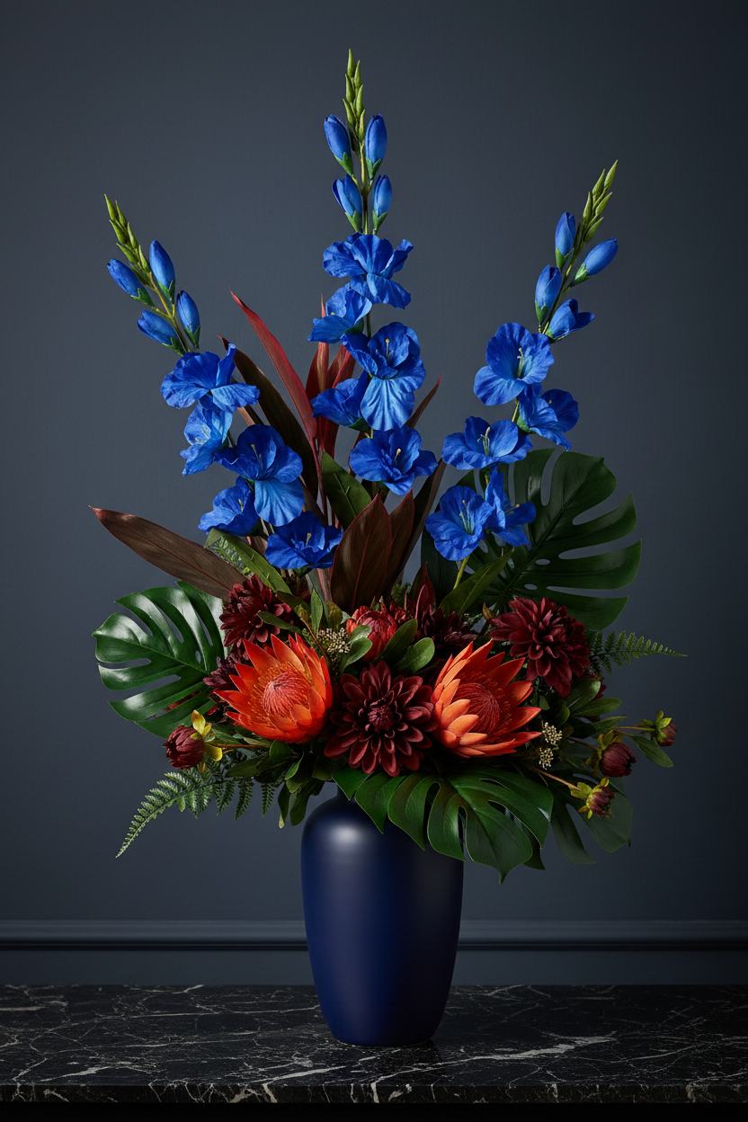 Concept D – Royal Blue Gladiolus + Deep Ruby Leaves + Burnt Orange Protea + Burgundy Dahlias + Dark Dramatic Vase