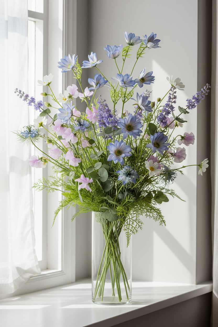Concept D – Tall Blue Wildflower – Periwinkle Daisy + Lavender Sweet Pea + Blue Nigella + Dusty Catmint + Clear Glass Cylinder