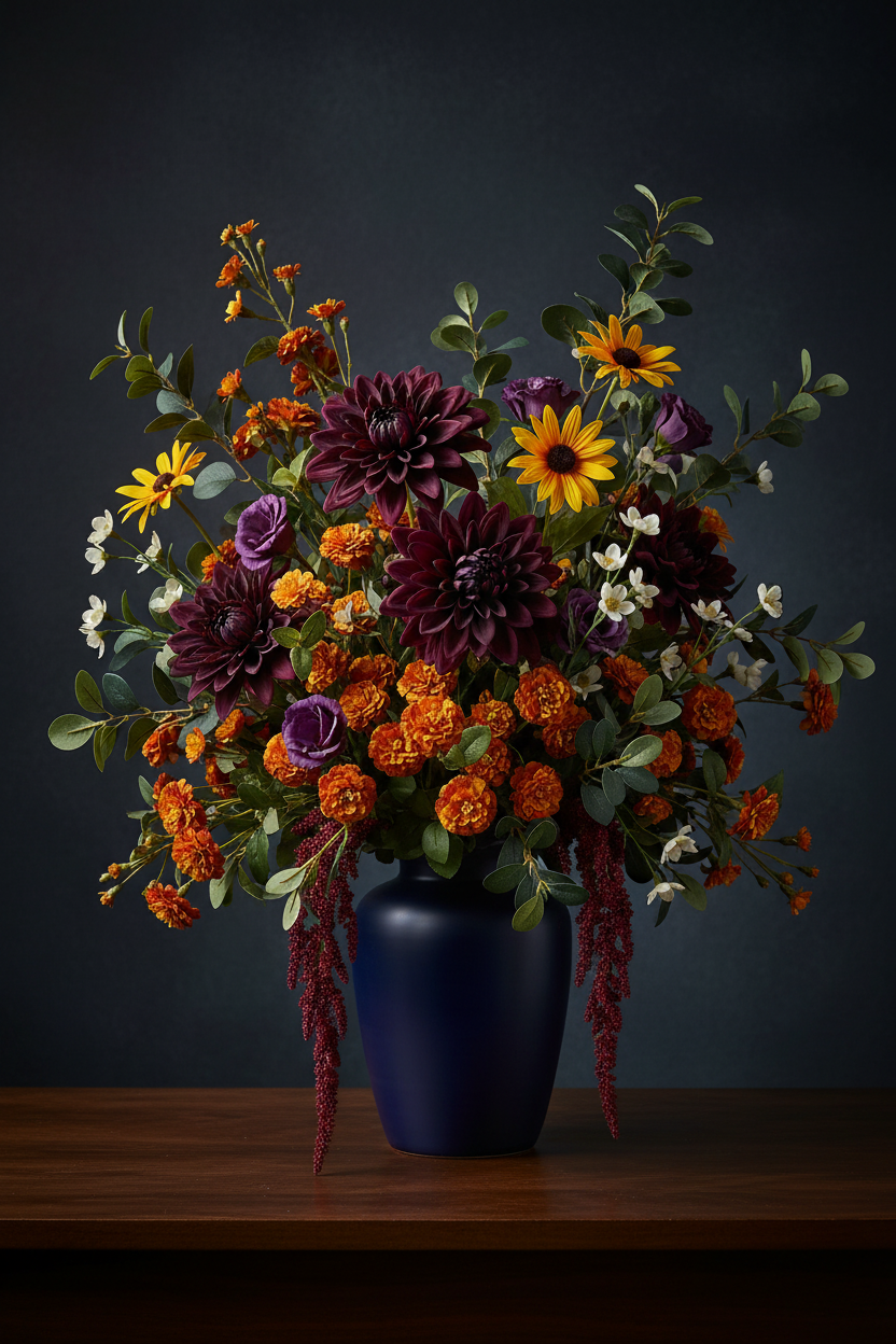 Concept — Deep Plum + Golden Yellow + Amber Orange, Teal Vase