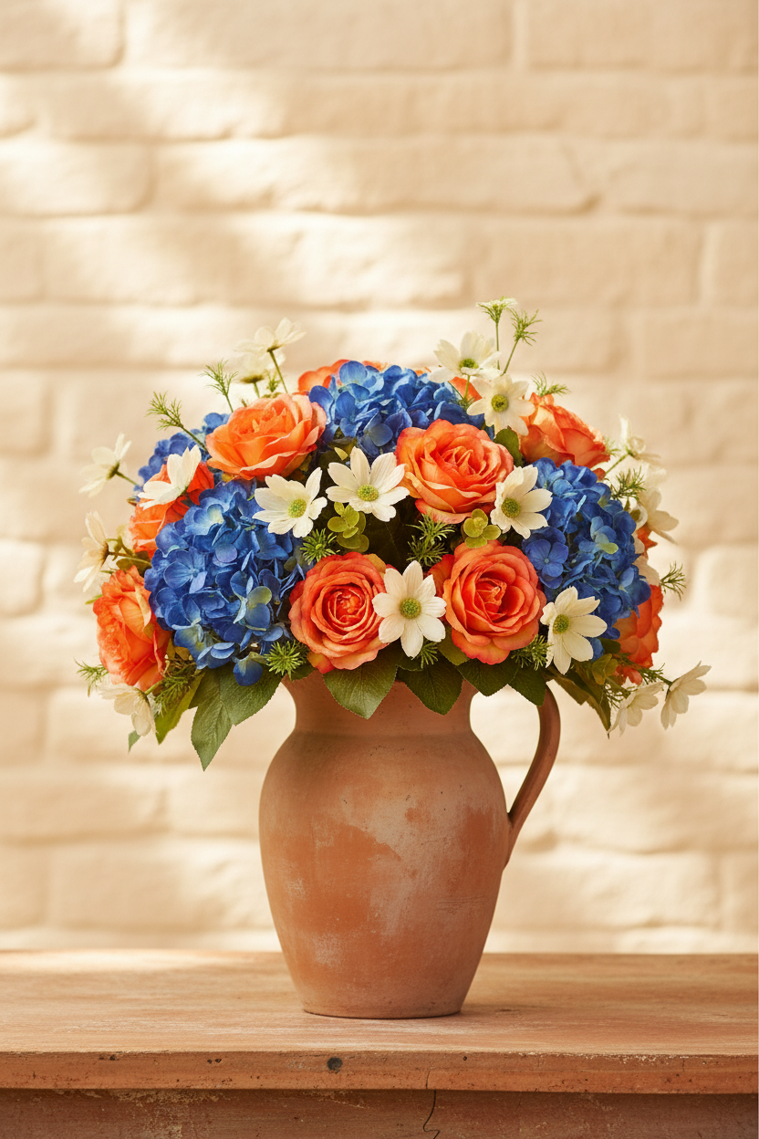 Concept E – Hot Summer Garden – Cream Daisy + Vivid Orange Roses + Electric Blue Hydrangea + Terracotta Pitcher