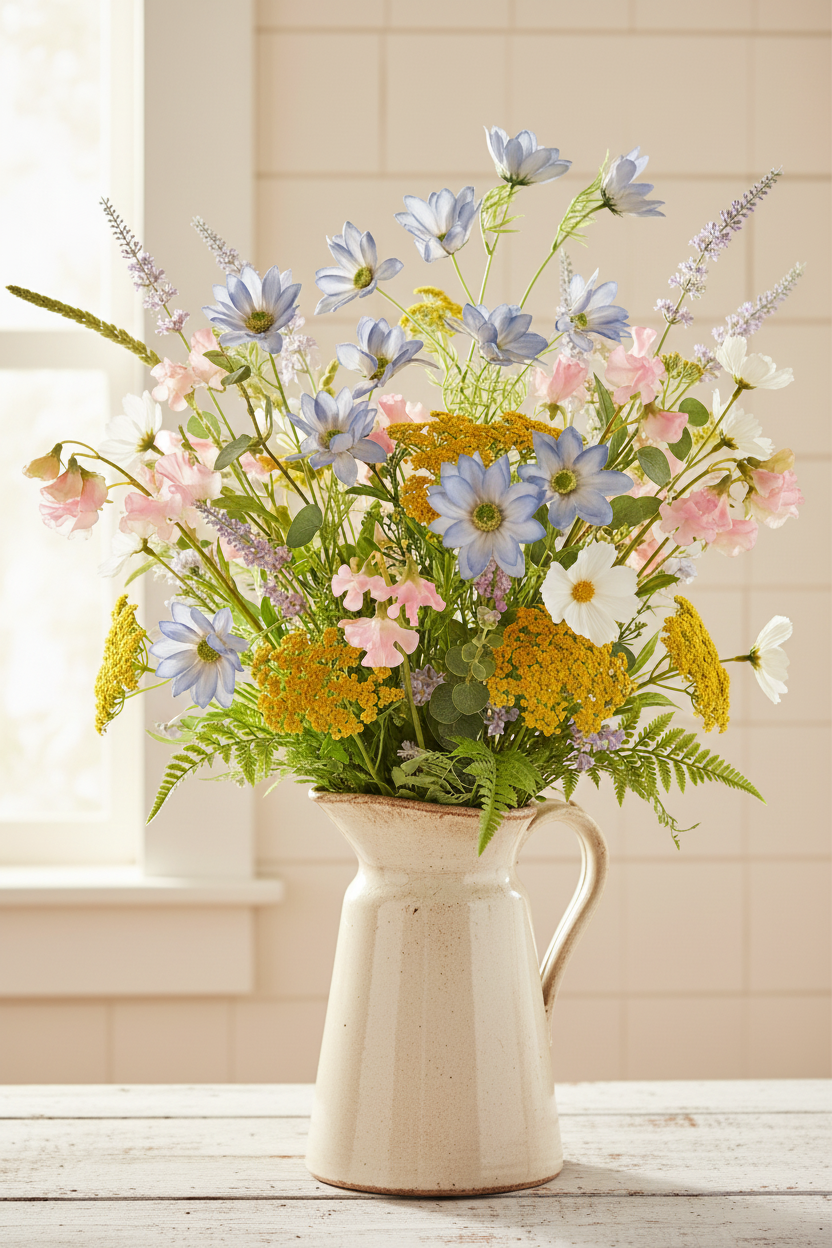 Concept E – Tall Blue Cottage Wildflower – Periwinkle Daisy + Blush Sweet Pea + Yellow Yarrow + Lavender + Aged White Pitcher