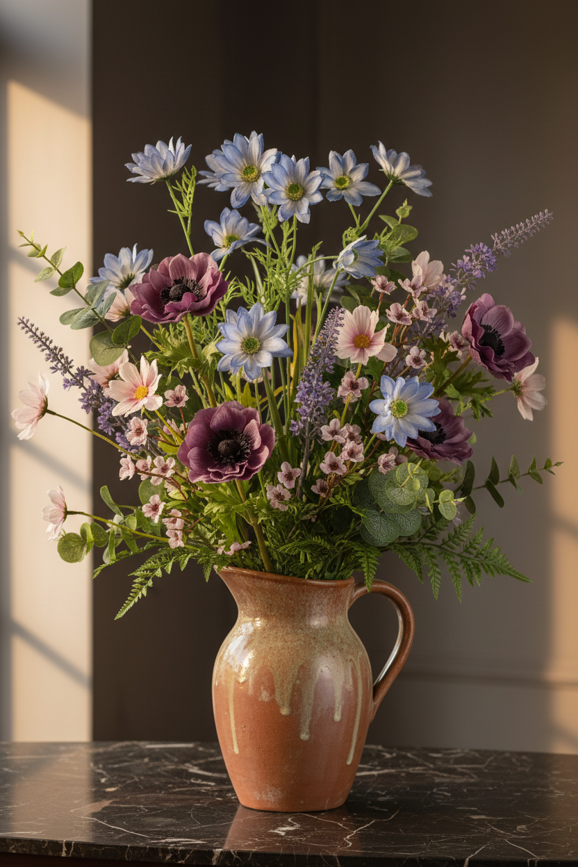 Concept F – Tall Romantic Blue Garden – Periwinkle Daisy + Deep Purple Anemones + Dusty Catmint + Blush Cosmos + Terracotta Pitcher