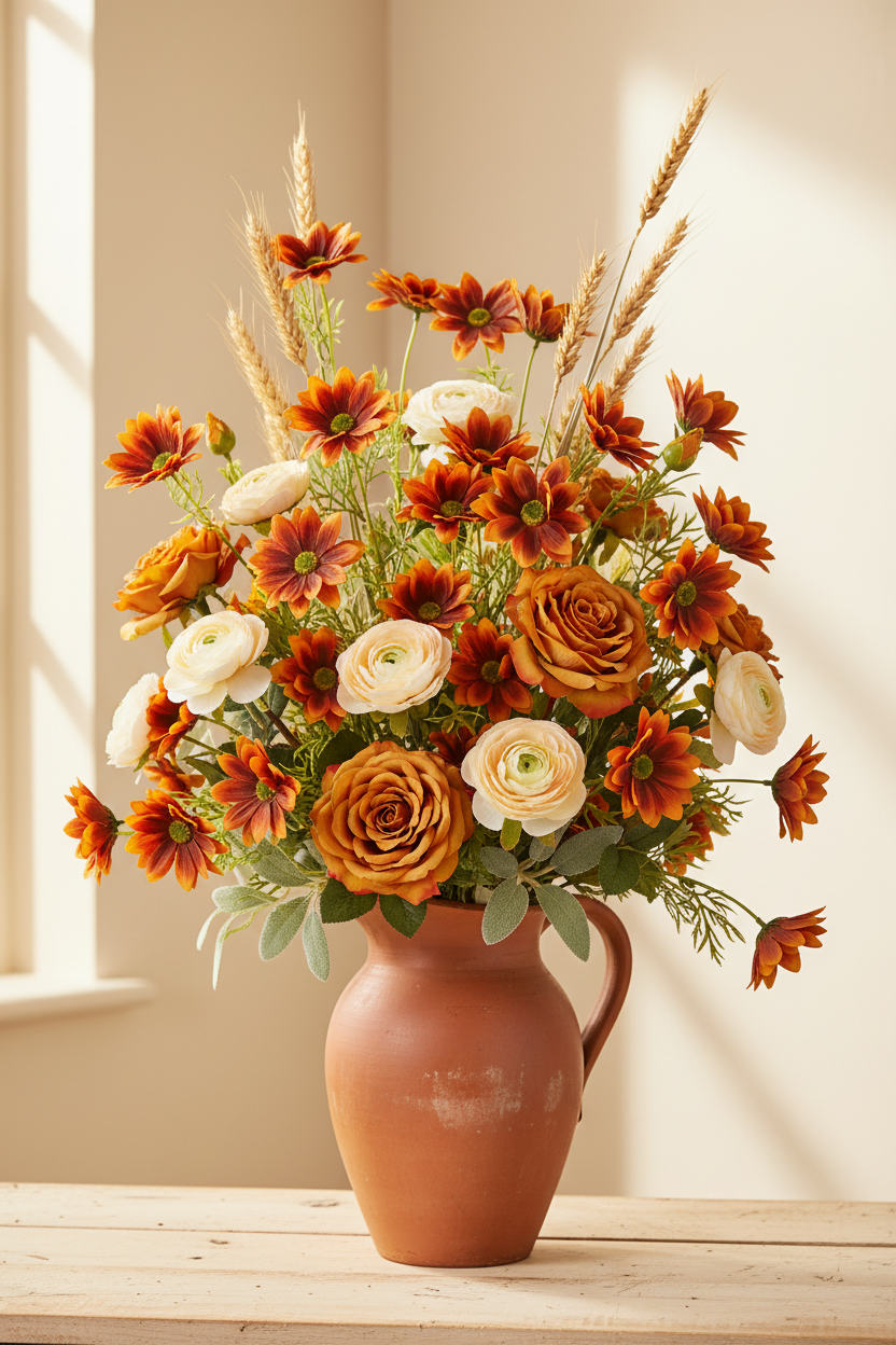 Concept G – French Country – Rust Daisy + Cognac Roses + Cream Ranunculus + Wheat + Terracotta Pitcher