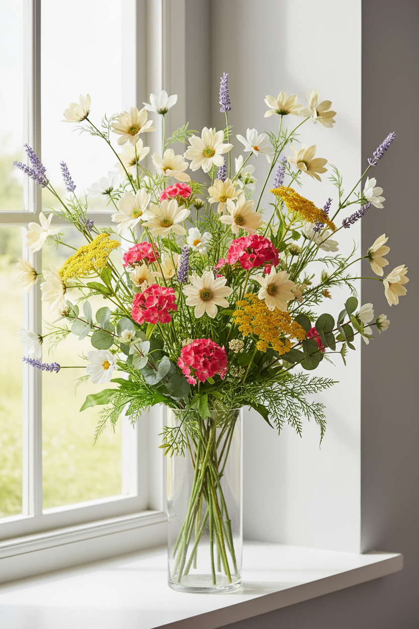 Concept G Revised – Full Colorful Wildflower – Cream Daisy + Cosmos + Coral Sweet William + Lavender + Yellow Yarrow + Clear Glass