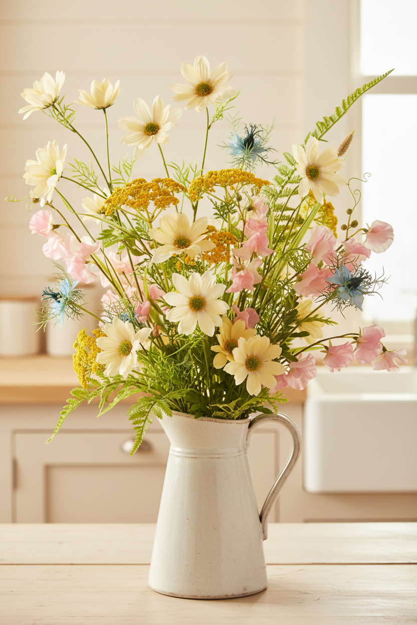 Concept H – Cottage Wildflower – Cream Daisy + Yellow Yarrow + Blue Nigella + Blush Sweet Pea + Aged White Pitcher