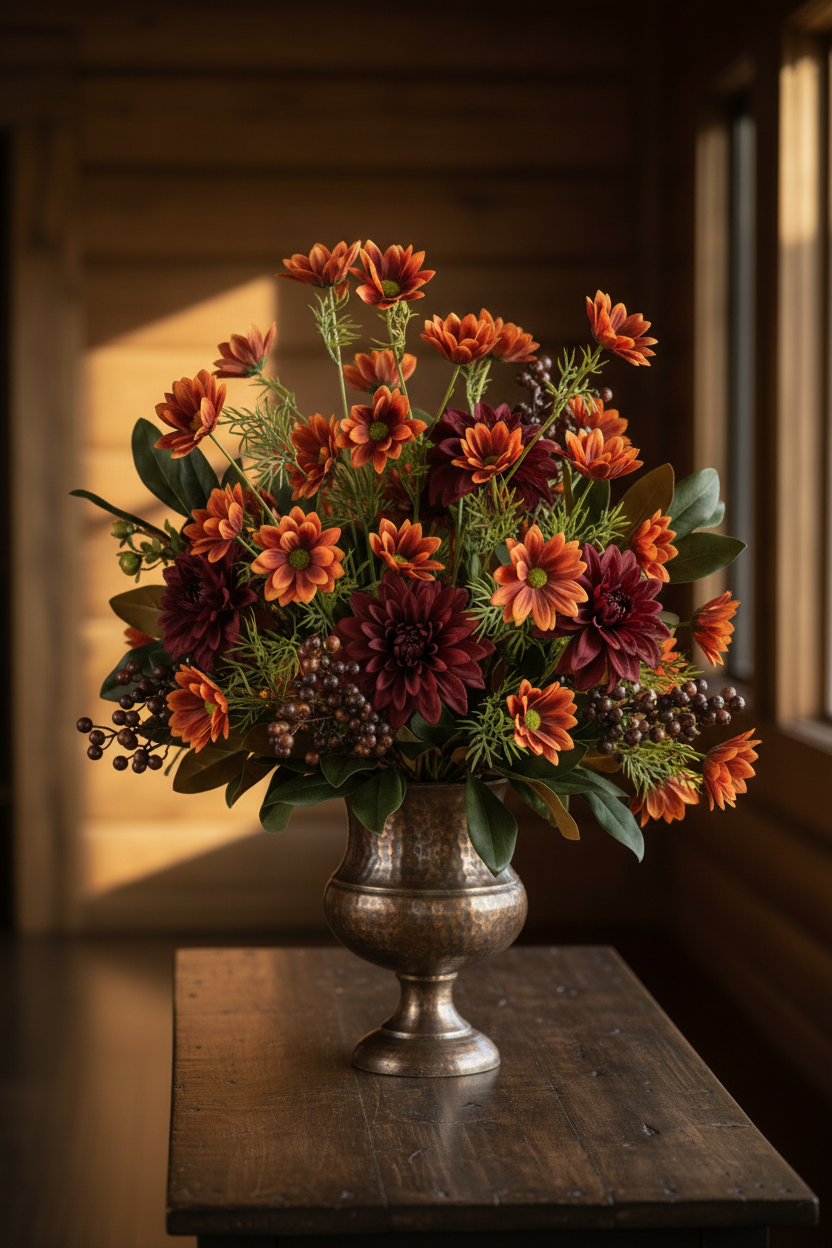 Concept H – Lodge Entryway – Rust Daisy + Burgundy Dahlias + Amber Sunflowers + Bronze Urn