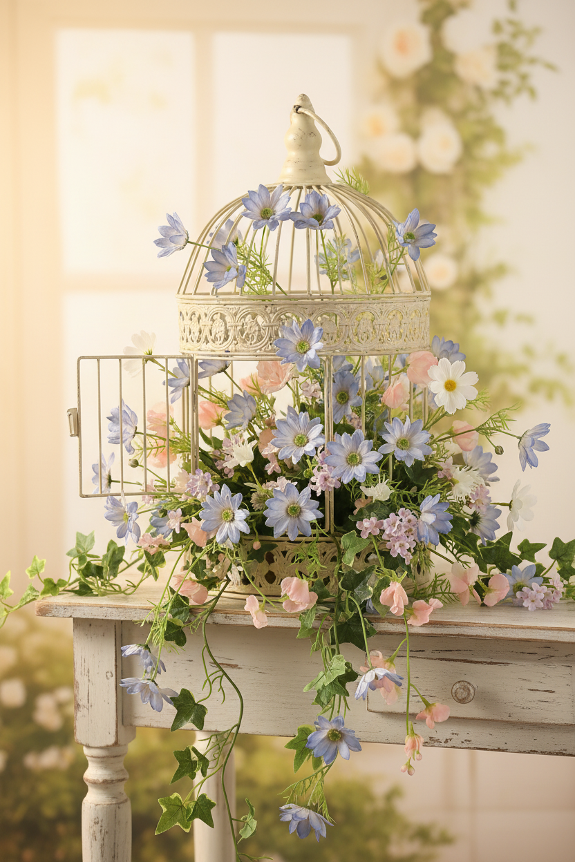 Concept H – Vintage Birdcage – Periwinkle Daisy Cascading with Trailing Ivy + Blush Sweet Pea + White Cosmos