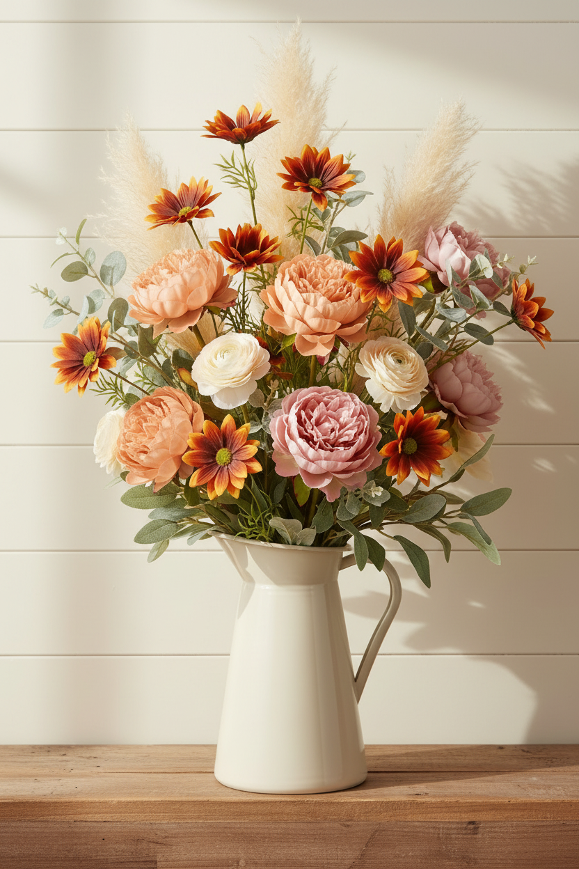 Concept I Revised – Peach Peonies Corrected – Rust Daisy + Cream Pitcher