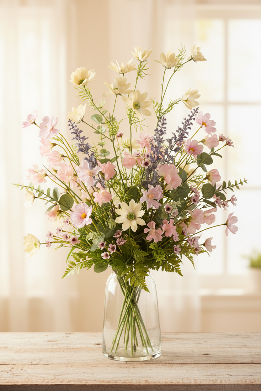 Concept I – Romantic Wildflower Garden – Cream Daisy + Blush Sweet Pea + Dusty Purple Catmint + Clear Glass Vase