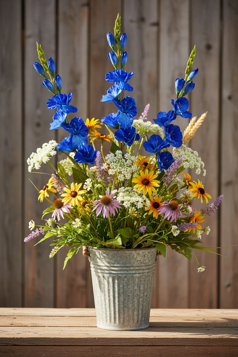 Concept I – Royal Blue Gladiolus + Galvanized Metal Bucket + Black-Eyed Susans + Coneflowers + Barn Wood