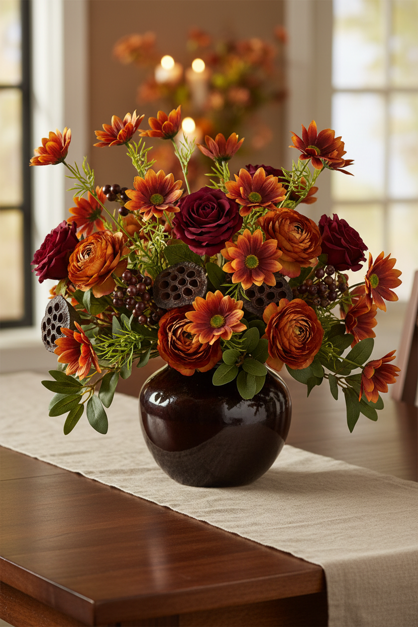 Concept J – Thanksgiving Harvest Table – Rust Daisy + Burgundy Roses + Caramel Ranunculus + Dark Chocolate Ceramic