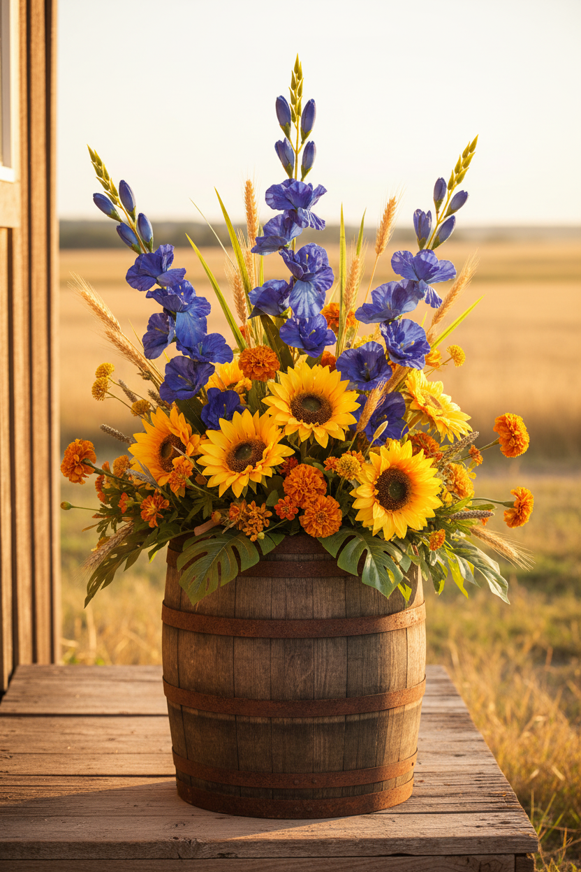 Concept K – Royal Blue Gladiolus + Sunflowers + Wheat Stalks + Vintage Whiskey Barrel Planter + Outdoor Ranch Setting