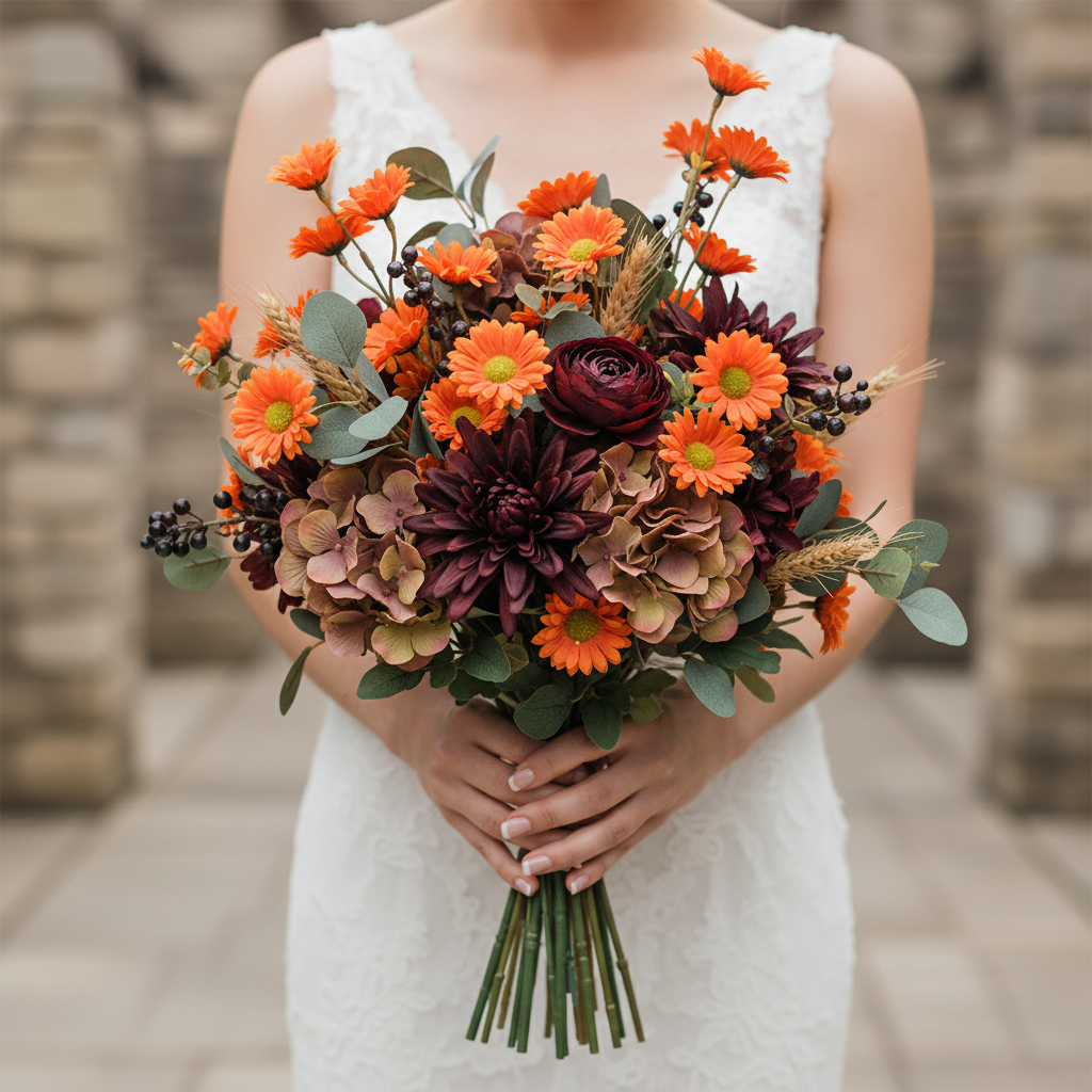 Corrected orange daisy mum fall wedding bouquet