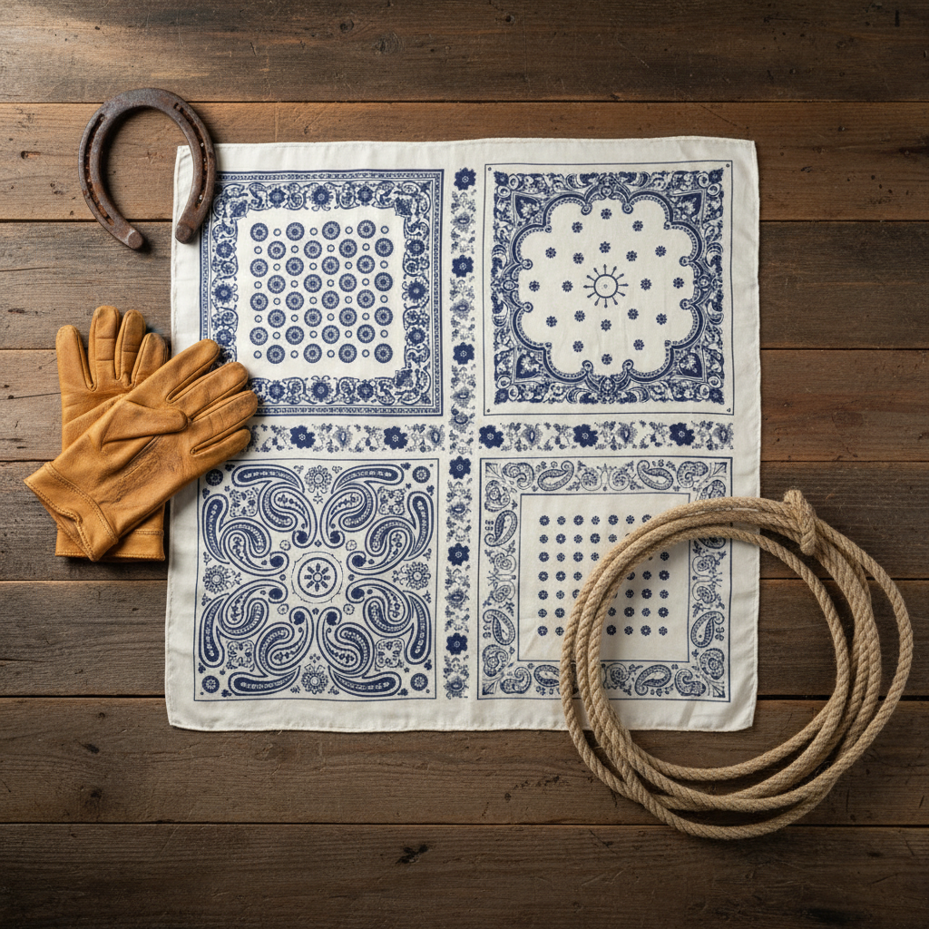 Bandana with blue patterns, gloves, and a rope on a wooden surface