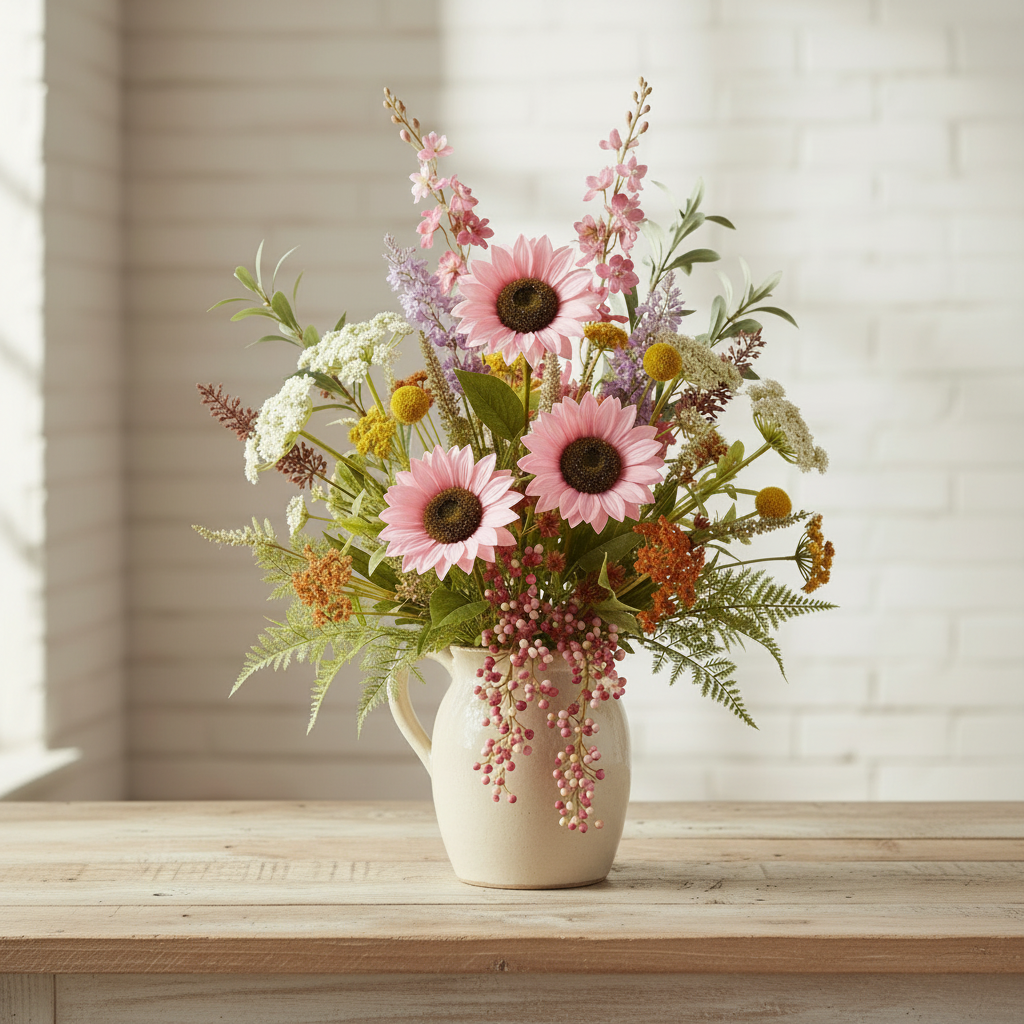 Cottage wildflower arrangement with three pink artificial flowers