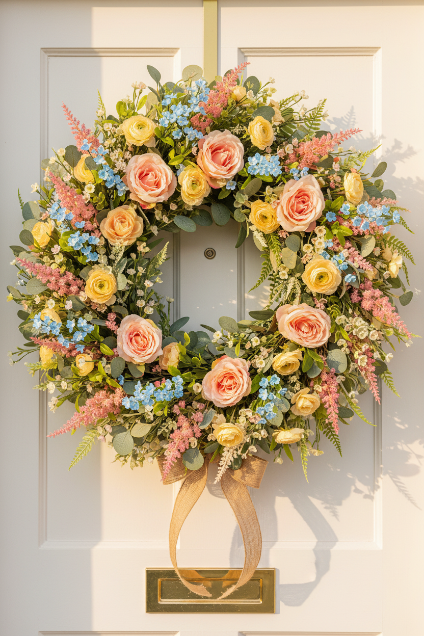 Cottage Wildflower Wreath — White Door, Peach Roses, Yellow Ranunculus, Pink Astilbe, Blue Blossom Accents