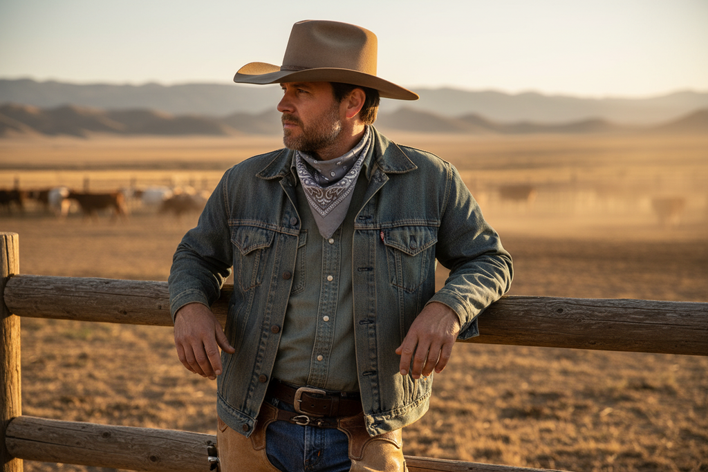 Cowboy wearing gray paisley bandana neck scarf