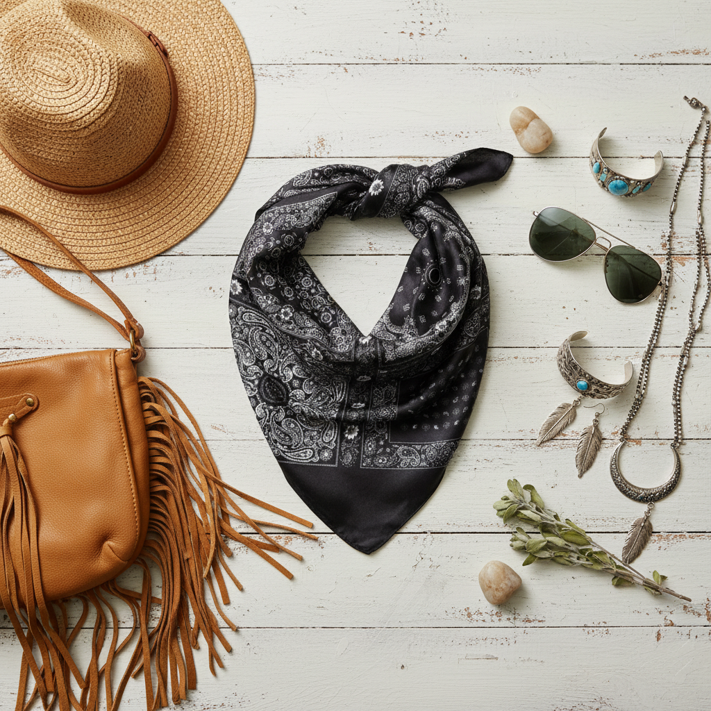 Cowgirl essentials on white wood
