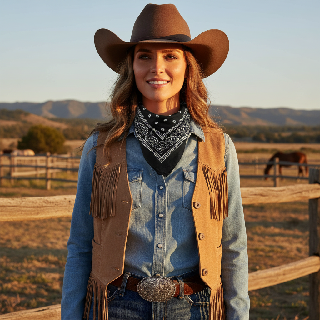 Cowgirl wearing black bandana