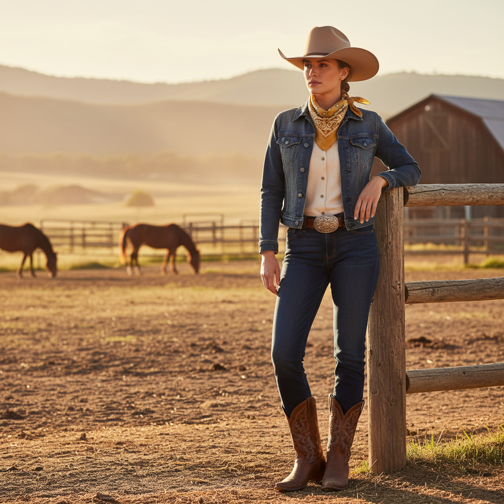 Cowgirl wearing gold bandana