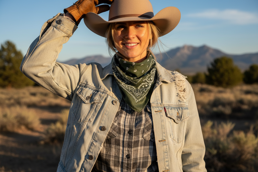 Cowgirl wearing green paisley bandana neck scarf