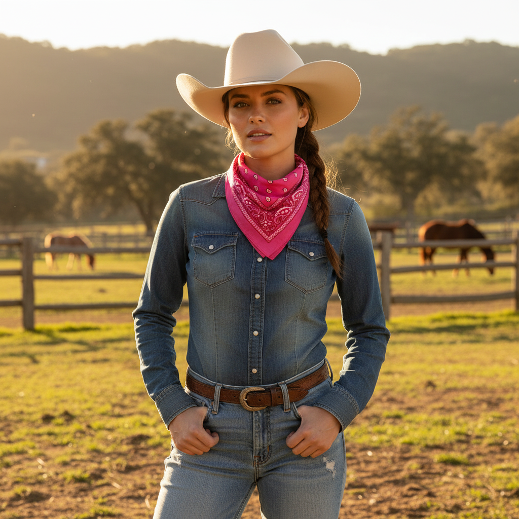 Cowgirl wearing hot pink bandana