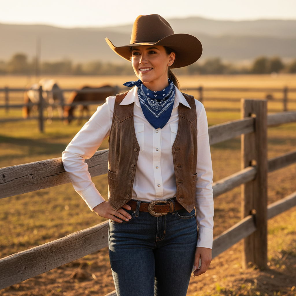 Cowgirl wearing navy blue bandana