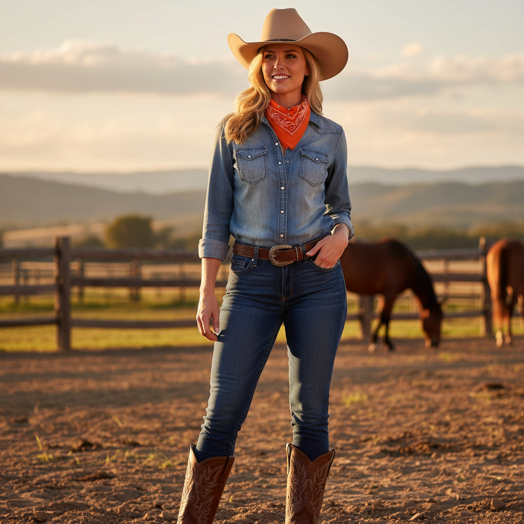 Cowgirl wearing orange bandana