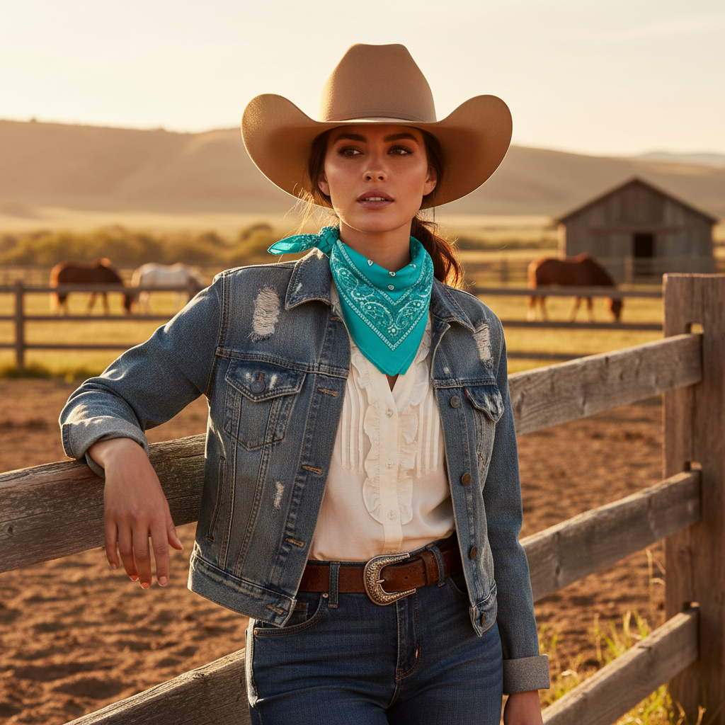 Cowgirl wearing turquoise bandana