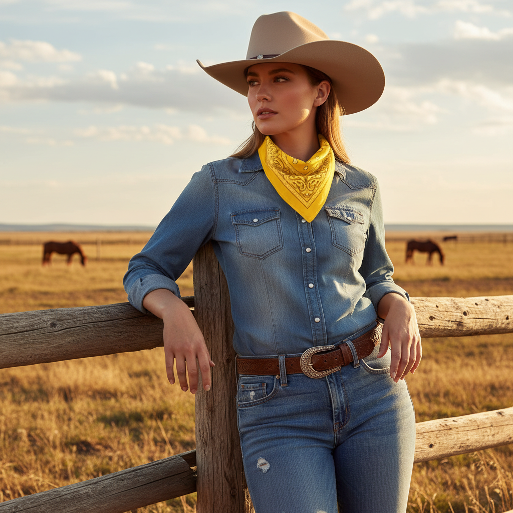 Cowgirl wearing yellow bandana