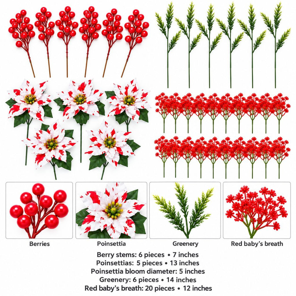 A product catalog graphic showing multiple artificial holiday plants and berries: red berry stems, green wheat-like greenery, white-and-red poinsettia flowers, and red-and-white flower clusters, with text labels and quantity/length details on a white background.
