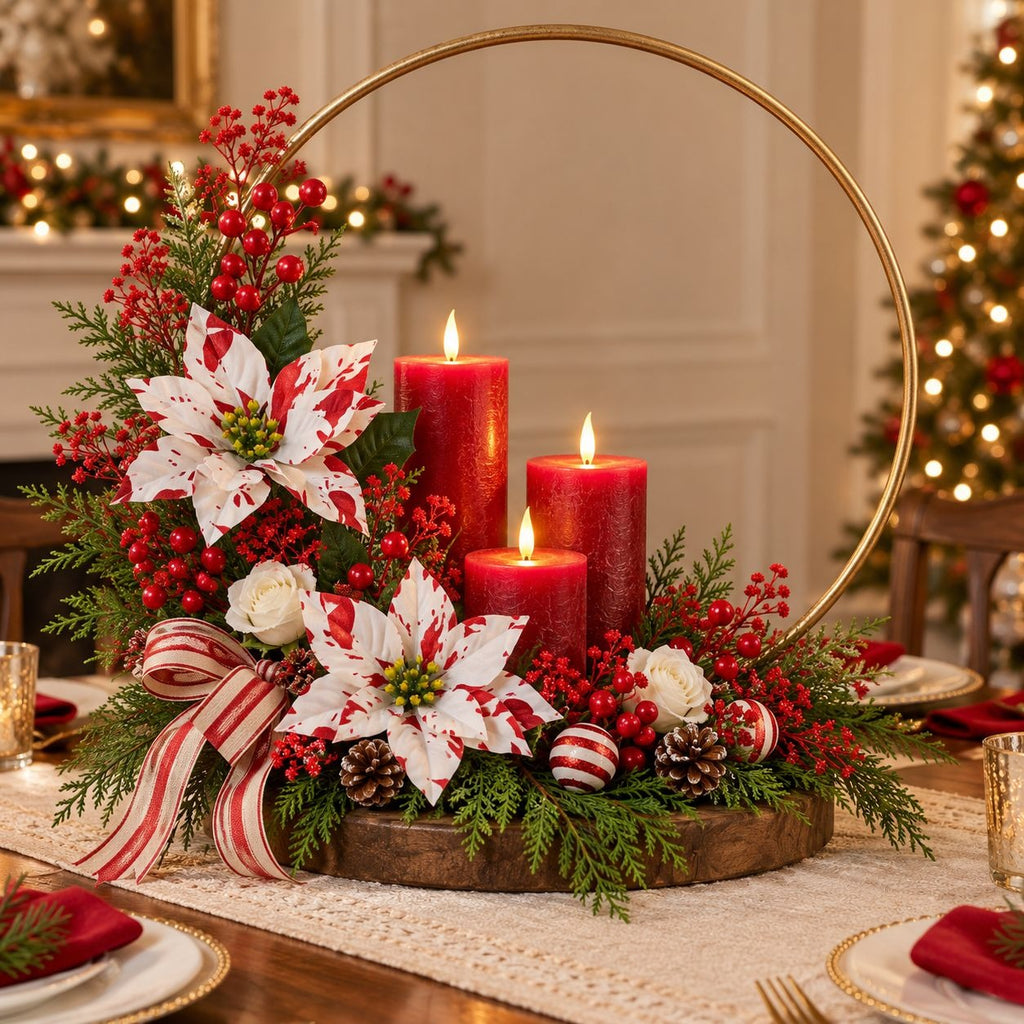 A festive holiday centerpiece on a dining table, featuring three red pillar candles, white poinsettias with red patterns, red berries, green pine branches, pinecones, a red-and-white striped ribbon, and a large gold circular metal frame.