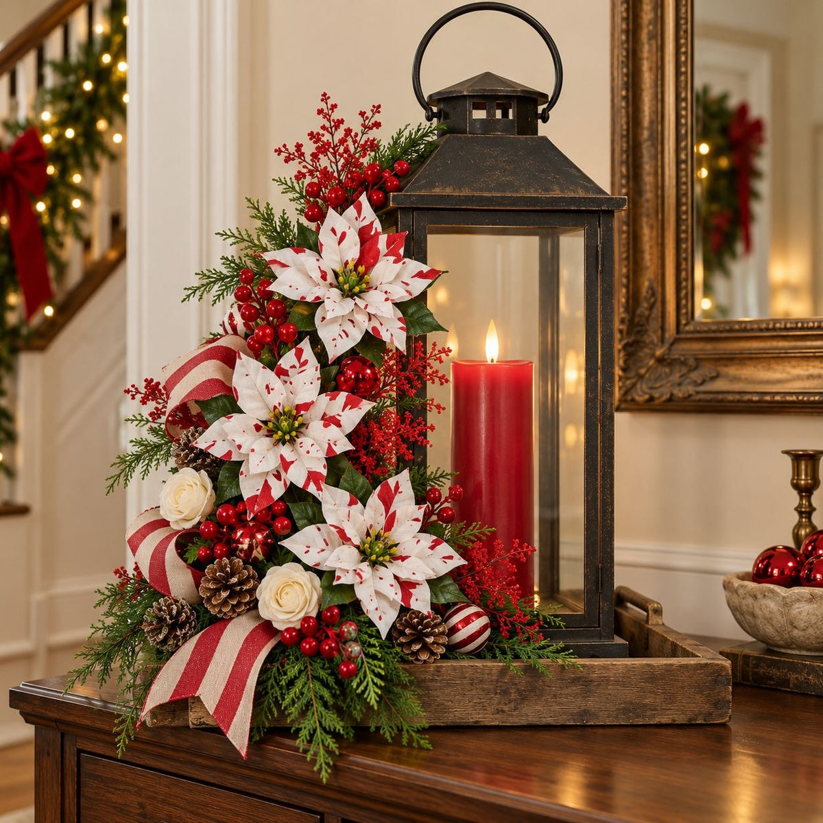 A festive Christmas tabletop arrangement featuring white poinsettias with red stripes, red berries, green pine branches, red-and-white striped ribbons, pinecones, and a black lantern with a lit red pillar candle, set on a wooden console table in an indoor holiday setting.