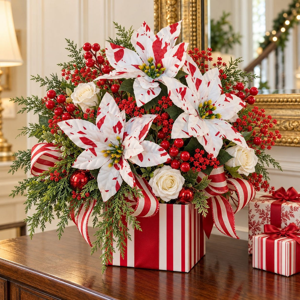 A festive holiday floral arrangement in a red and white striped gift box, featuring white poinsettias with red splatter details, white roses, red berries, and green evergreen branches, displayed on a wooden table next to wrapped gift boxes.