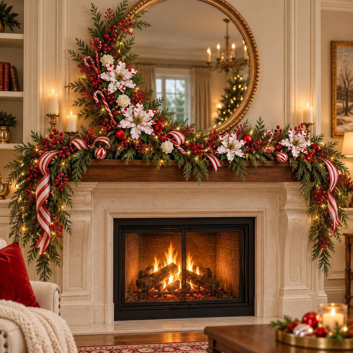 A festive Christmas holiday mantel decorated with green pine garlands, red berries, white flowers, candy canes, and red-and-white striped ribbons, set above a lit fireplace in a cozy living room.