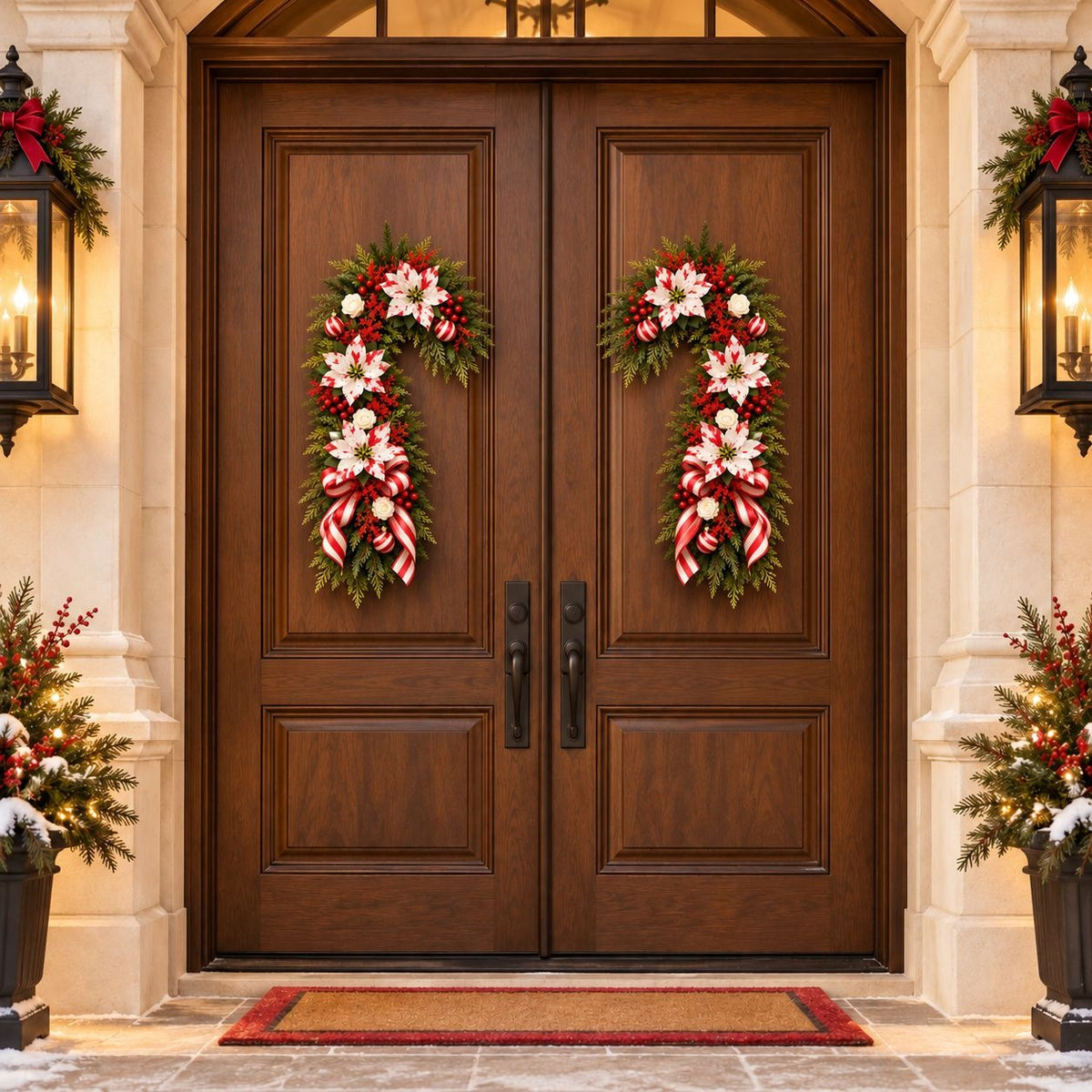 A pair of dark brown wooden front doors decorated with two matching Christmas wreaths featuring red and white ribbons, white flowers, and green foliage. The doors are set in a stone entryway with lit wall lanterns, potted holiday plants, and a red-bordered doormat.