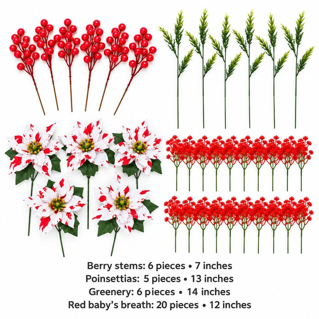 A set of artificial Christmas greenery and berry stems on a white background, with text listing the quantities and lengths of each type: 6 berry stems at 7 inches, 5 poinsettias at 13 inches, 6 greenery stems at 14 inches, and 20 red baby's breath stems at 12 inches.