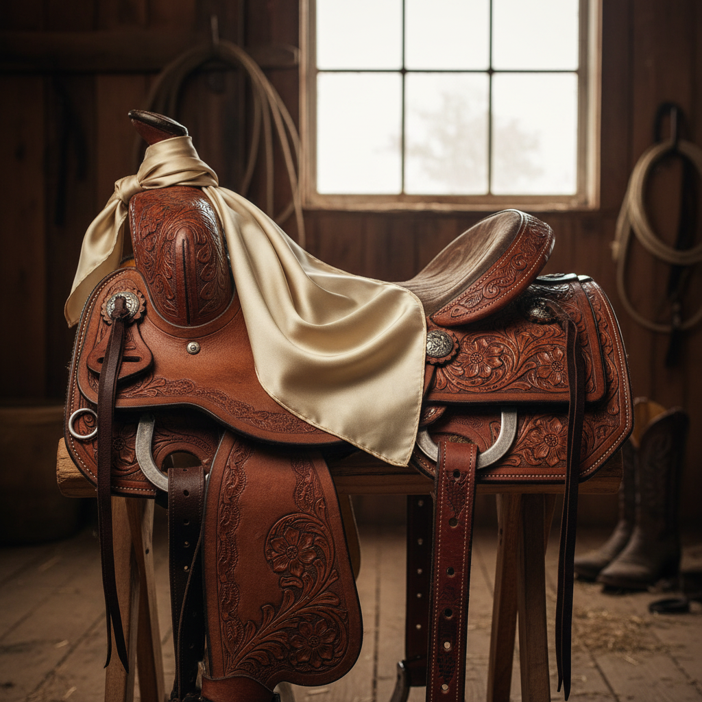 Cream beige wild rag 23x23 draped over western saddle with tack