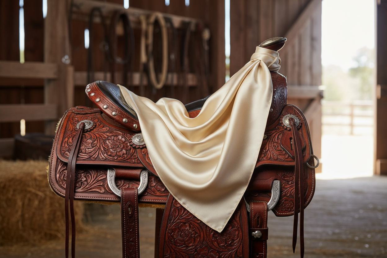 Cream beige wild rag 23x23 draped over western saddle with tack